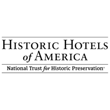 The image features the logo of "Historic Hotels of America," part of the National Trust for Historic Preservation.