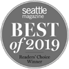 This is a gray circular badge from "Seattle Magazine" that says "BEST of 2019 Readers' Choice Winner."