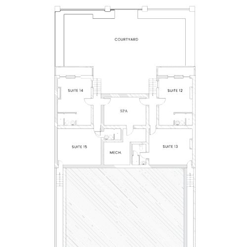 A floor plan labeled "garden level" featuring a courtyard, living room, dining area, kitchen, and multiple rooms including baths and suites.