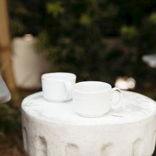 Two white mugs are placed on a concrete pedestal outdoors, surrounded by greenery in the background.