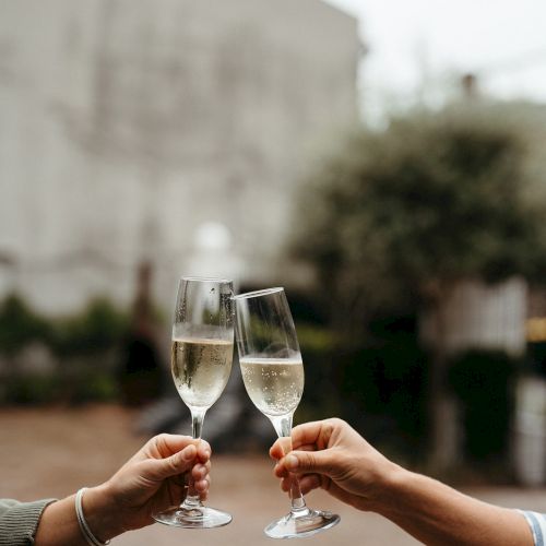 Two people clinking glasses of champagne outdoors, creating a celebratory atmosphere in a blurred background setting.