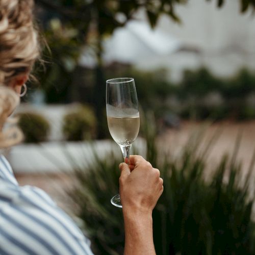 A person with curly hair holds a glass of white wine outdoors, surrounded by greenery. The focus is on the glass, with a blurred background.