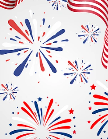 The image features red, white, and blue fireworks with a waving American flag on a light background.