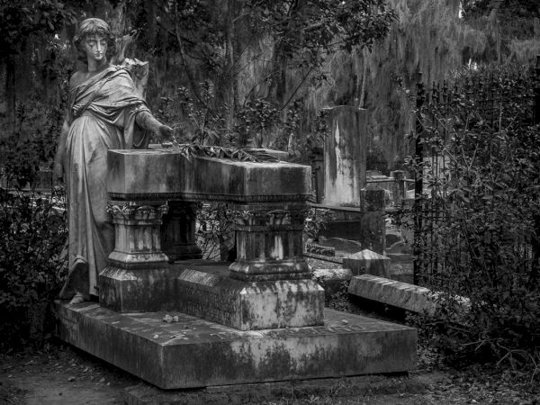 A black-and-white statue of a robed woman stands beside an ornate stone fountain/altar in a overgrown garden or cemetery.