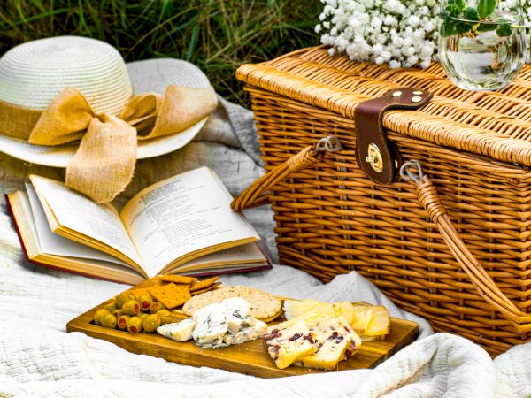 A picnic setup with a wicker basket, an open book, a hat, and a cheese platter on a cloth, surrounded by greenery and flowers.