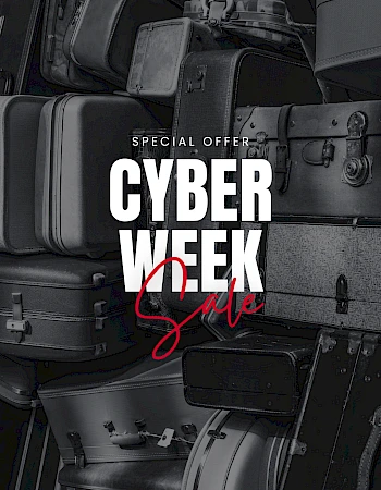 The image shows a pile of vintage suitcases with the text "Special Offer Cyber Week Sale" overlaid in bold letters.