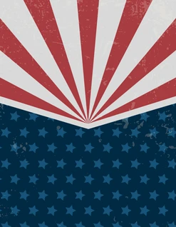 A patriotic design split diagonally: red and white sunburst above, blue field with lighter blue stars below, reminiscent of a vintage American flag.