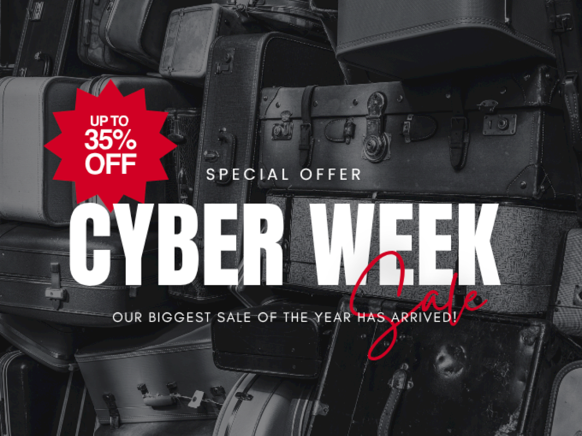 The image promotes a Cyber Week sale with up to 35% off, featuring stacked luggage in the background.