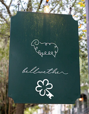 A green sign with a sheep outline, the word "bellwether," and a four-leaf clover with a key symbol below it.