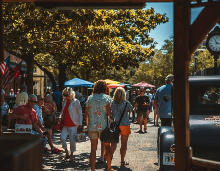 A sunny outdoor market with people strolling, a vendor row, umbrellas, and a vintage car as a clocked town square vibe.