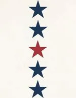 A vertical column of five stars on a light background, alternating blue and red with a red star in the middle.