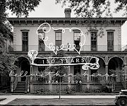 A black-and-white photo of a two-story house with a wraparound porch, trees framing the front, and a vintage car parked out front, with decorative text overlaid.