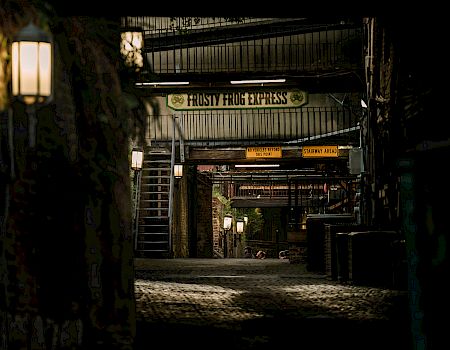A dim alley tunnel shows the “Frosty Frog Express” sign overhead with “No vehicles beyond this point” and “Stairway ahead” warnings.