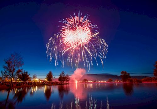 A bright multicolored firework explodes above a calm lake, reflecting in the water as trees and night sky frame the scene.